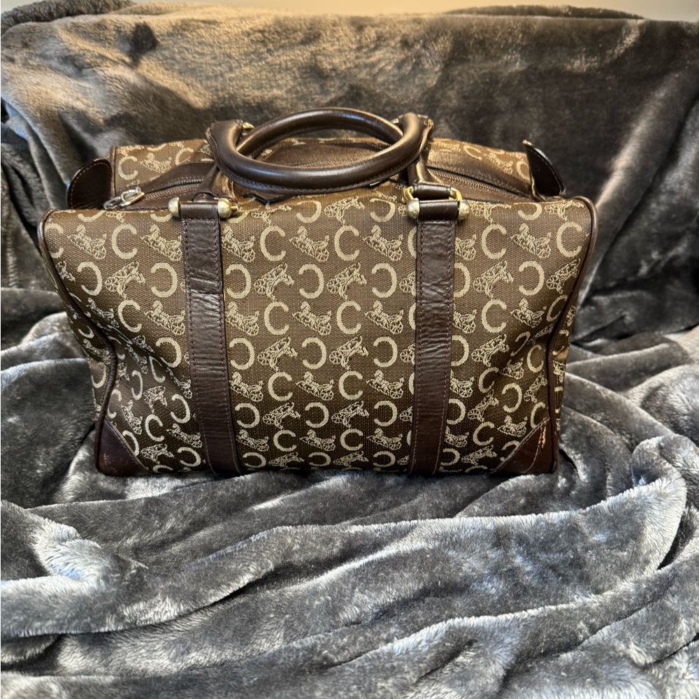 Celine Brown and Tan Satchel Bag with Signature Pattern